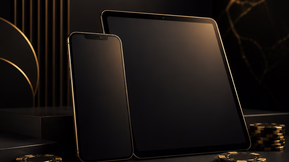 Black Label Casino mobile access shown on phone and tablet in a dark gold casino style