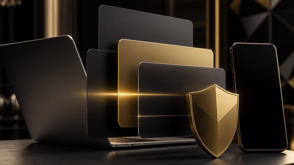 Account review scene with blank cards and gold verification motif
