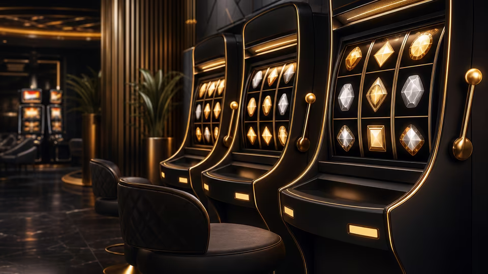 Black Label Casino slots lobby scene with abstract reel machines and gold accents